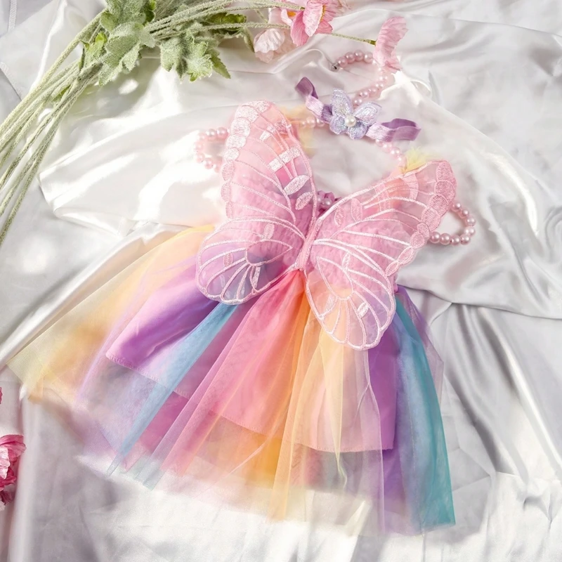 Baby Girls Butterfly Wings Fairy Princess Dress Lovely Kids Summer Sleeveless Tulle Dress Headband Child Birthday Party Dress