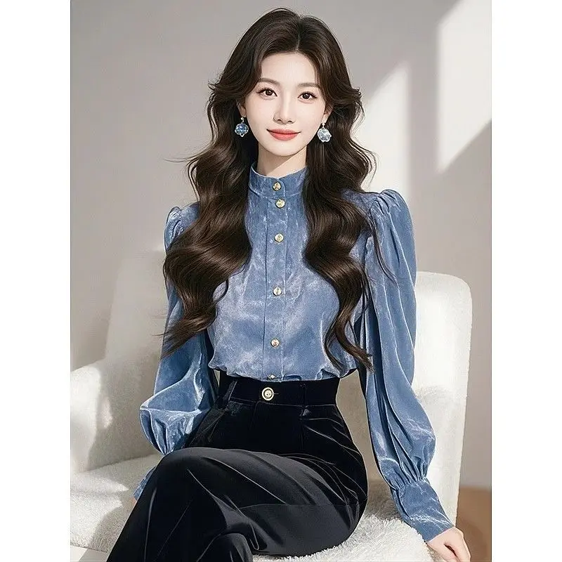 Women Clothing Velvet Long Sleeve All-match Elegant Blouse Spring Autumn New Solid Plus Size Vintage Shirt Tops Fashion Korean