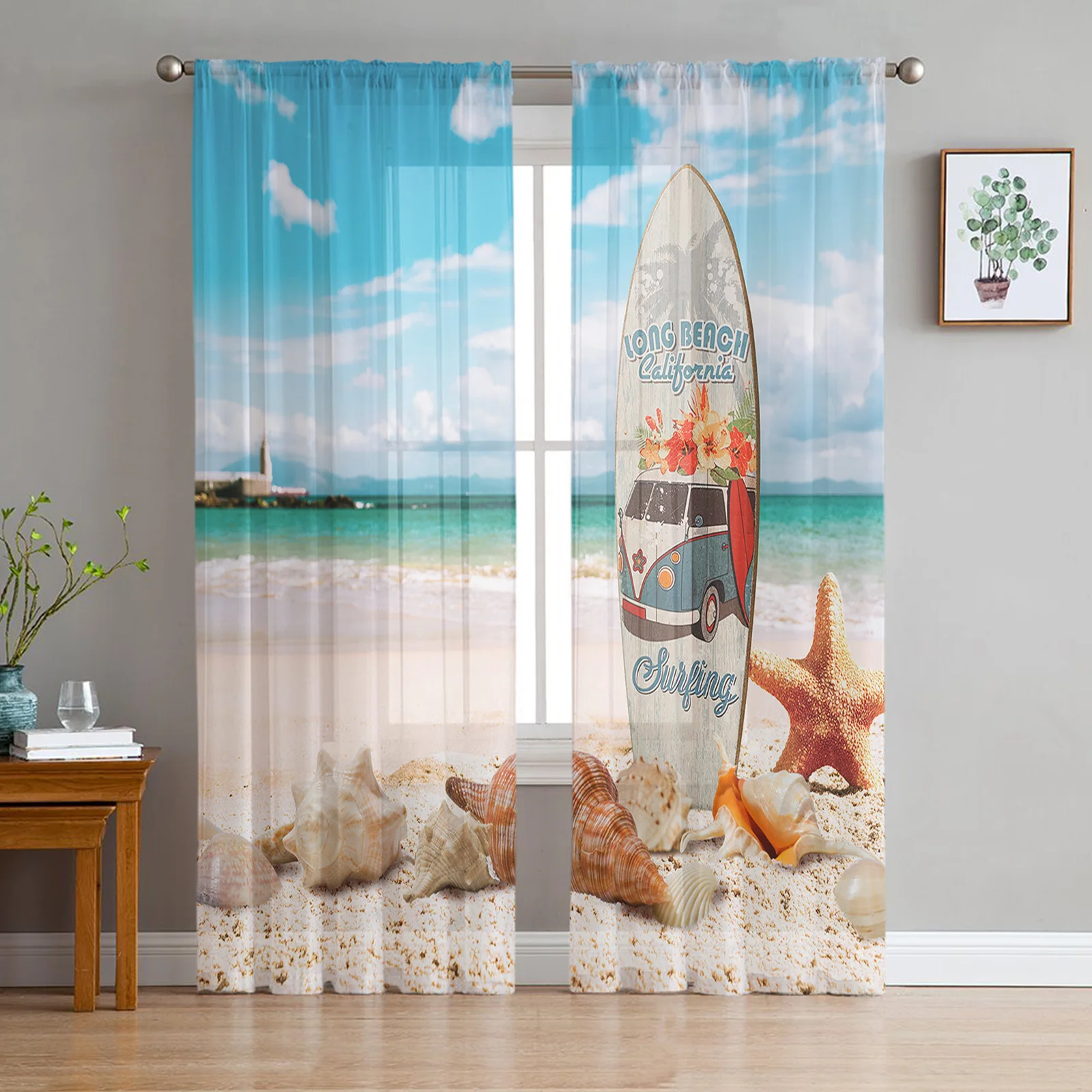 

Surfboard Beach Starfish Shell Sheer Curtains for Living Room Decoration Window Curtains Kitchen Tulle Voile Organza Curtains