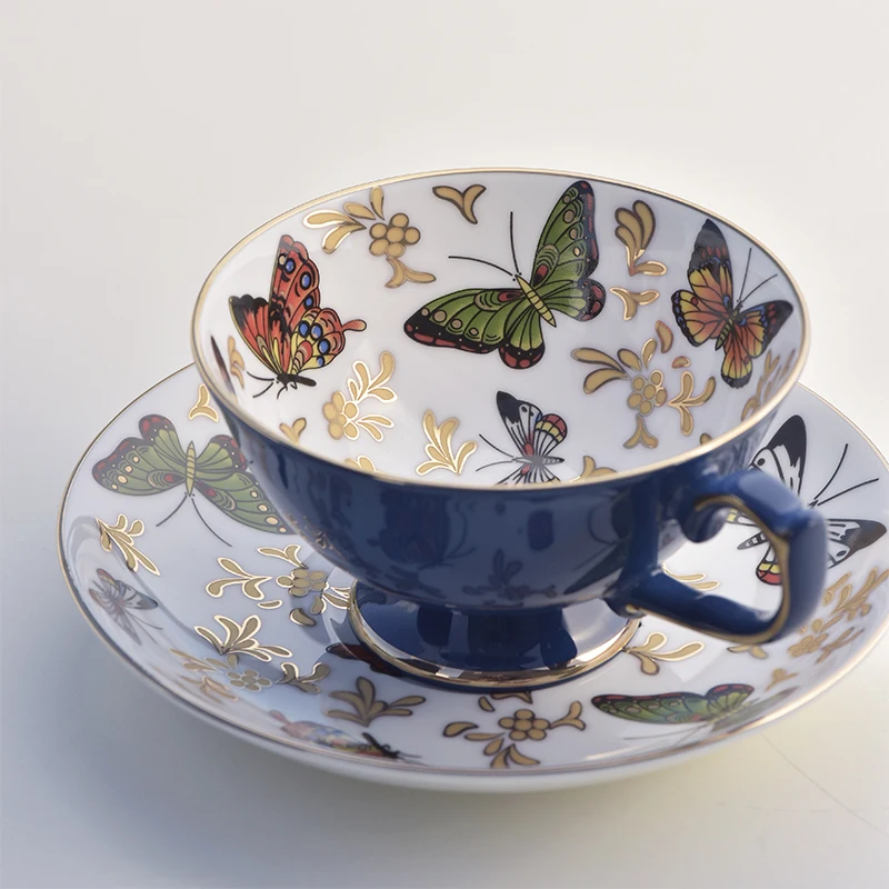 European Style Luxury Coffee Cup and Saucer Set, British Afternoon Tea Party, Butterfly Bone China Porcelain Teacup