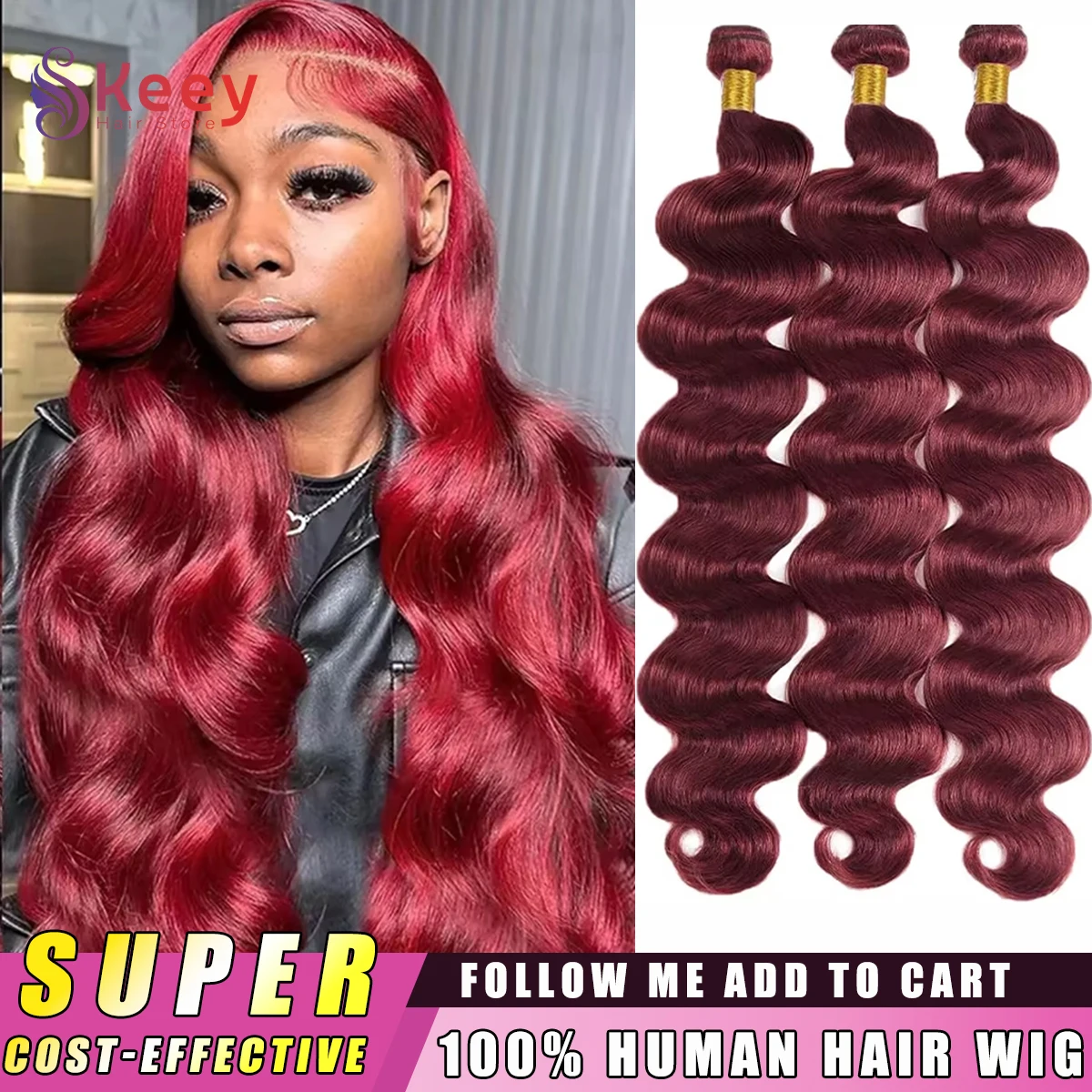 16A 버건디 99J 바디 웨이브 번들 100% 천연 인모 번들 바디 웨이브 익스텐션 천연 인모 컬러드 위빙