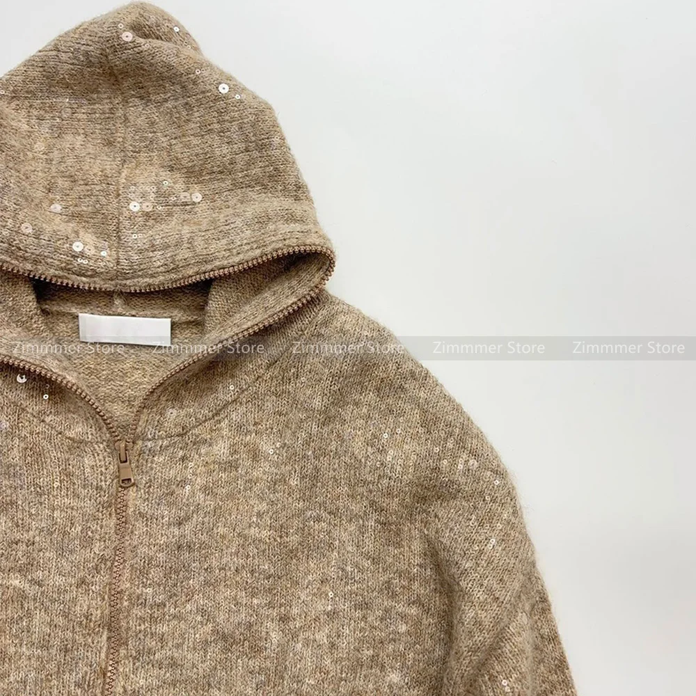 Fashion Women\'s 24 Autumn and Winter Mohair Blend Hooded Zip Cardigan Heavy Duty Beaded Embroidery Jacket