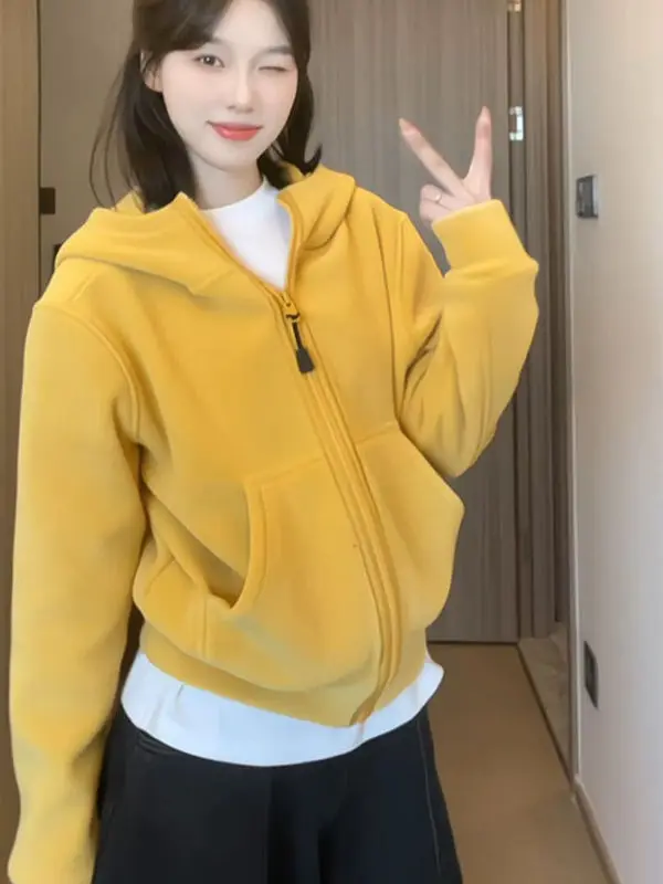 Moletom com capuz amarelo feminino solto zíper casual top outono inverno coreano sle preguiçoso faion streetwear agasalhos suores confortáveis...