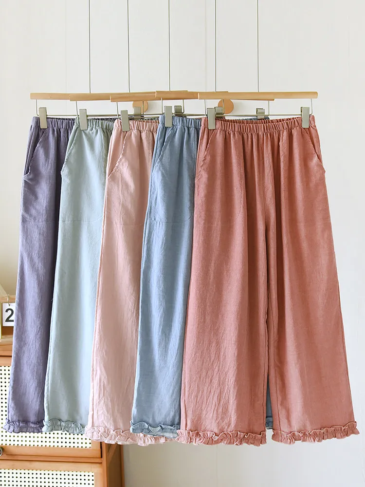 

Женские домашние брюки из хлопка с кружевными оборками, свободные, на резинке, однотонные, тонкие, милые, для дома, весна-лето 2026, новинка