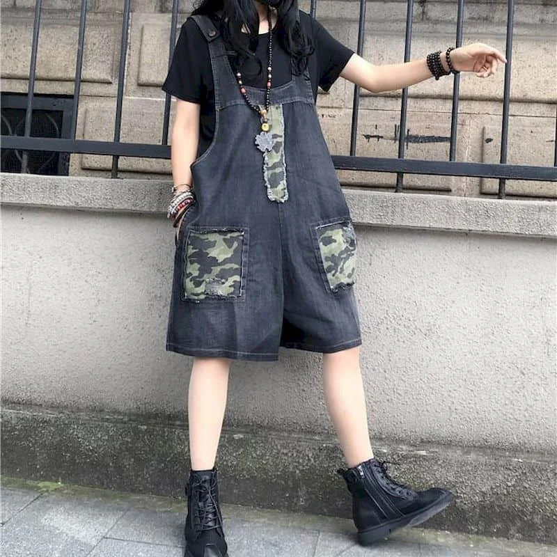 Denim Jumpsuits Striped Oversized Pants Wide Leg Shorts Bodysuits Women Camouflage Patchwork One Piece Outfits Women Clothing