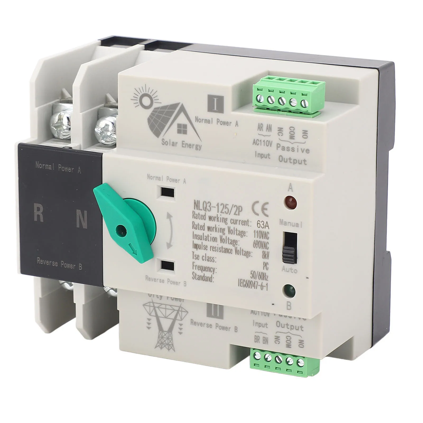 Dual Power Automatic Transfer Switch PV Inverter Type Millisecond Switching 2P 110V 63A Circuit Changeover Switch