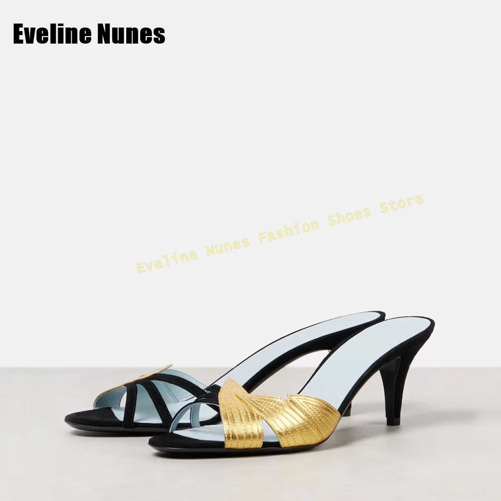 

Gold Leaf Decor Sexy Slipper Open Toe Stiletto Side Air Shallow Slip On Women Luxury Elegant High Heels 2025 Summer New Arrivals