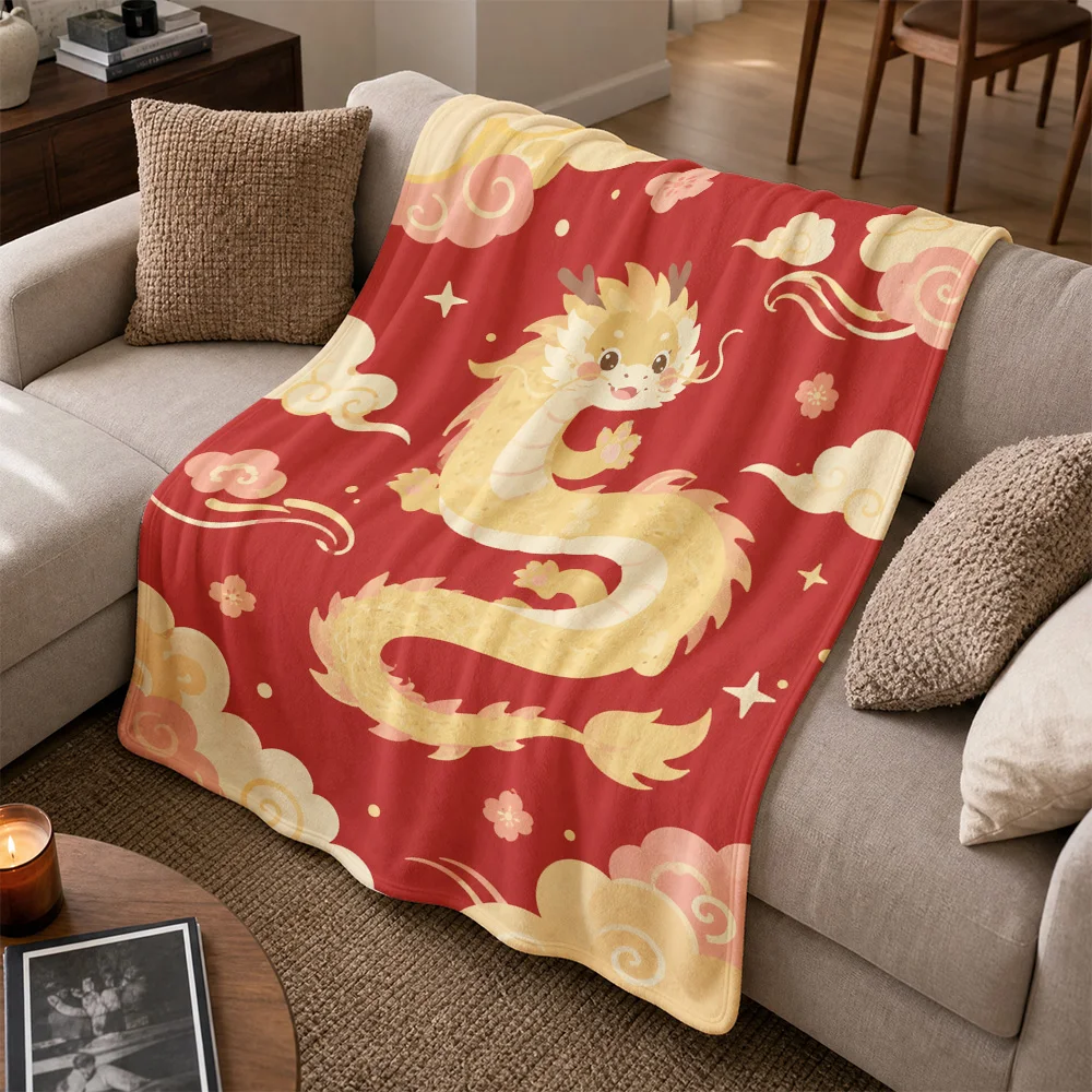 Decorative Red Chinese Dragon Print Throw Blanket for Sofa Couch Luxury Oriental Asian Culture Fleece Cozy Winter Home Decor Acc