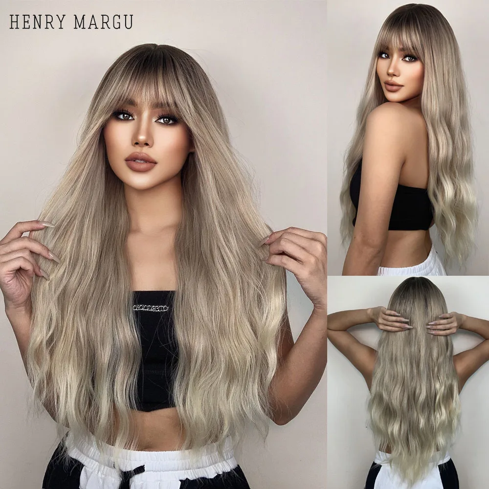 

HENRY MARGU Platinum White Ombre Synthetic Wigs for Women Afro Long Wavy Wigs with Bangs Natural Cosplay Hair Heat Resistant