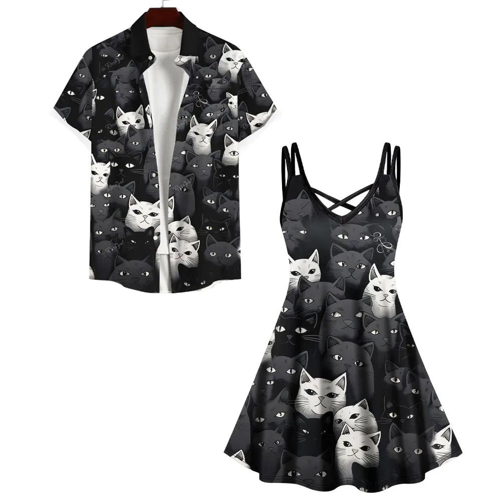 Black Cute Cats Printed Couples Outfits Buttons Shirt For Men, Crisscross Cami Dress For Women S-3X 3D Graphic Matching Set