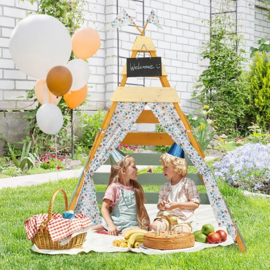 Casa de juegos triangular con pizarra extraíble para interiores y exteriores