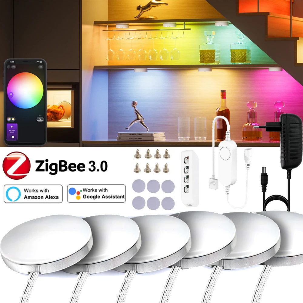

DC12V Zigbee 3.0 RGB LED Under Cabinet Lighting 2-9Pcs Kit Kitchen Counter Furniture Lighting for Smartthings Tuya Hub Echo Plus