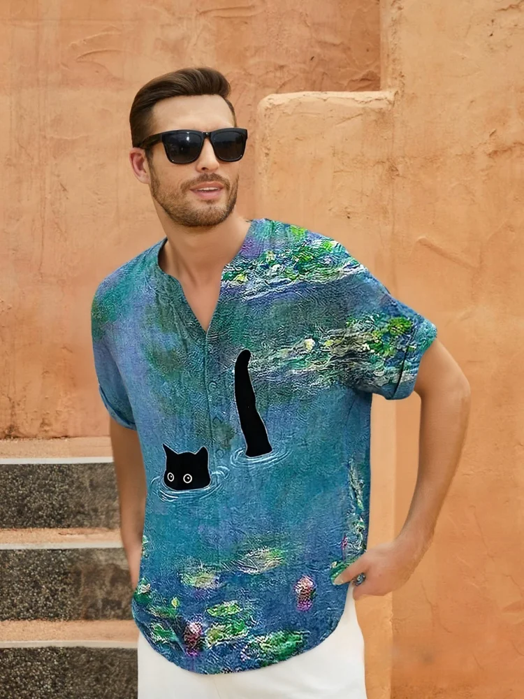 

Summer Holiday Men'S Shirts Casual Loose Short Sleeve Blouse With Black Cat In Water Lily Pond Print Streetwear Spring/Fall Tops