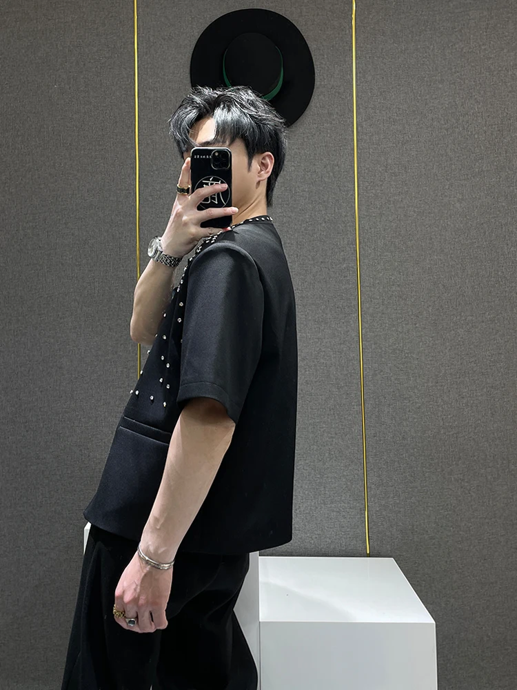 Men's 2025 Summer New Niche Design Diamond-encrusted Small Fragrant Chic Coats Male Fashion Short-sleeve Jackets Trendy Jacket