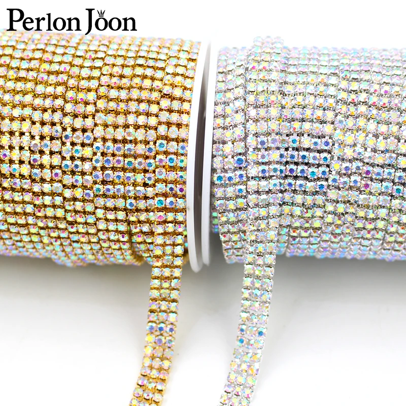 10yards/roll Three rows AB Rhinestones gold silver trim AB Crystal Ribbon chain DIY bag shoes sew accessories ML123