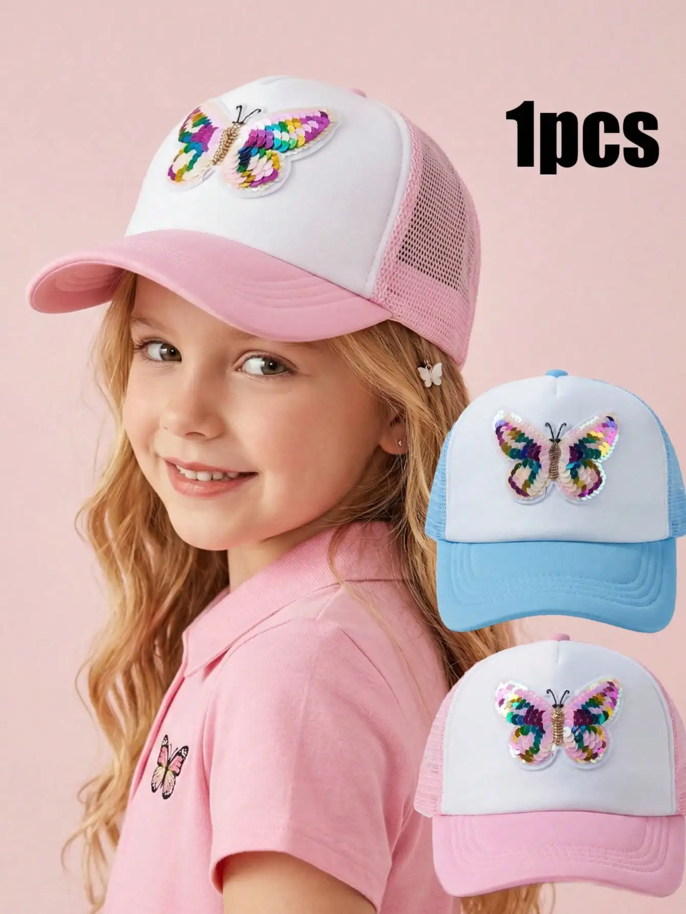 1Pc 3-8Y Girls Sequins Butterfly Mesh Baseball Cap Foam Front Adjustable Breathable Outdoor Sports Hat