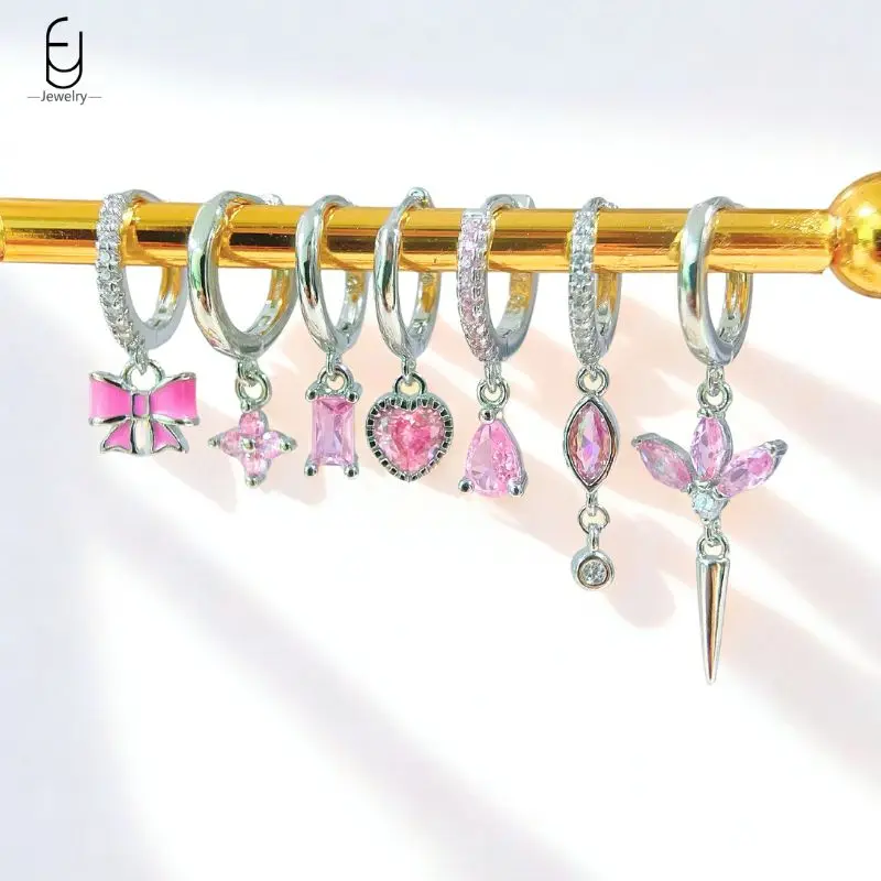 925 Sterling Silver Needle Pink Zircon Silver Earrings for Women Luxury Pink Heart/Flower Pendant Hoop Earrings Fashion Jewelry