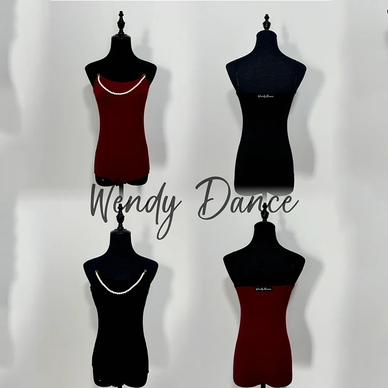 Body de baile latino con cadena de perlas para mujer, Tops con tirantes negros burdeos, ropa de actuación de baile de salón, ropa de práctica DNV23932