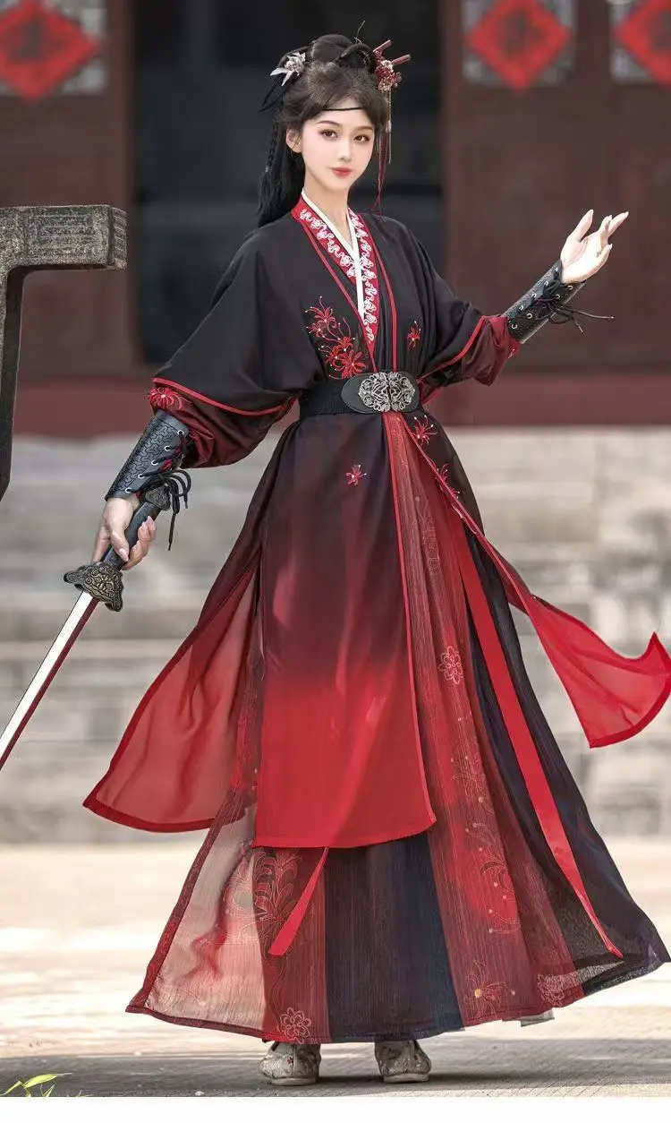 

Traditional Chinese Sewed Hanfu Men Women Black Red Floral Embroidery Costume Halloween Event Martial Hero Cosplay Clothing