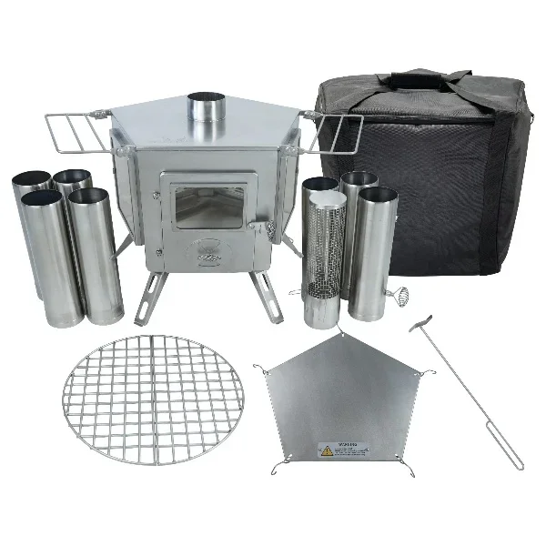 Versatile pentagonal stove with 5 observation mirrors, ideal for camping outdoor heating cooking and home use