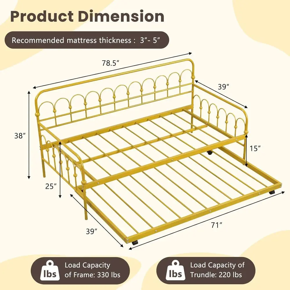 Twin Daybed with Trundle Gold, Metal Day Bed with Convenient Pull-Out Trundle Bed, Metal Slats, Lockable Unil Wheels, 2-in-1 Day
