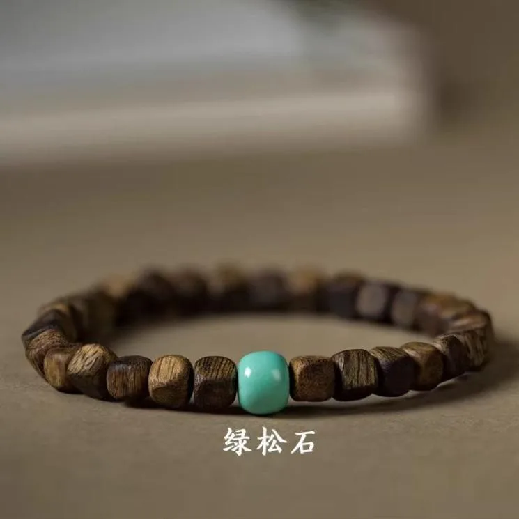 Natural Wild Green Agarwood Bracelet 6mm Sugar Knot Square Beads 90% Water-Sinking Agarwood Prayer Beads Wrist Jewelry Gifts