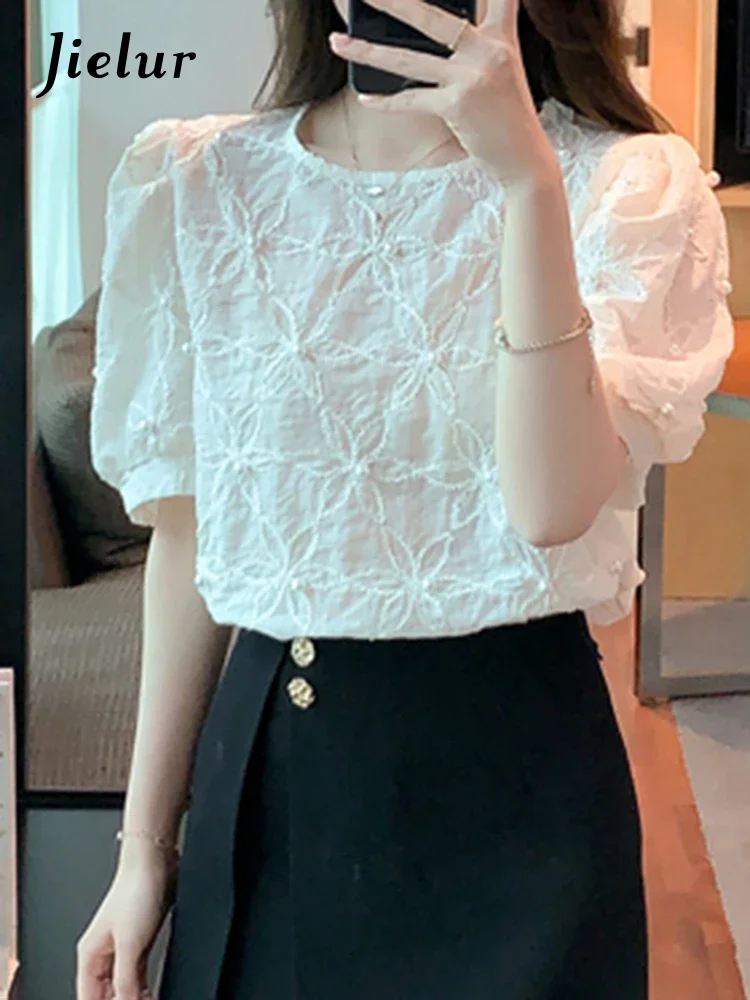 Jielur Summer New French Embroidery Women Blouse Solid Color Slim Sweet Ladies Blouse Woman Apricot Loose Chiffon Top Female