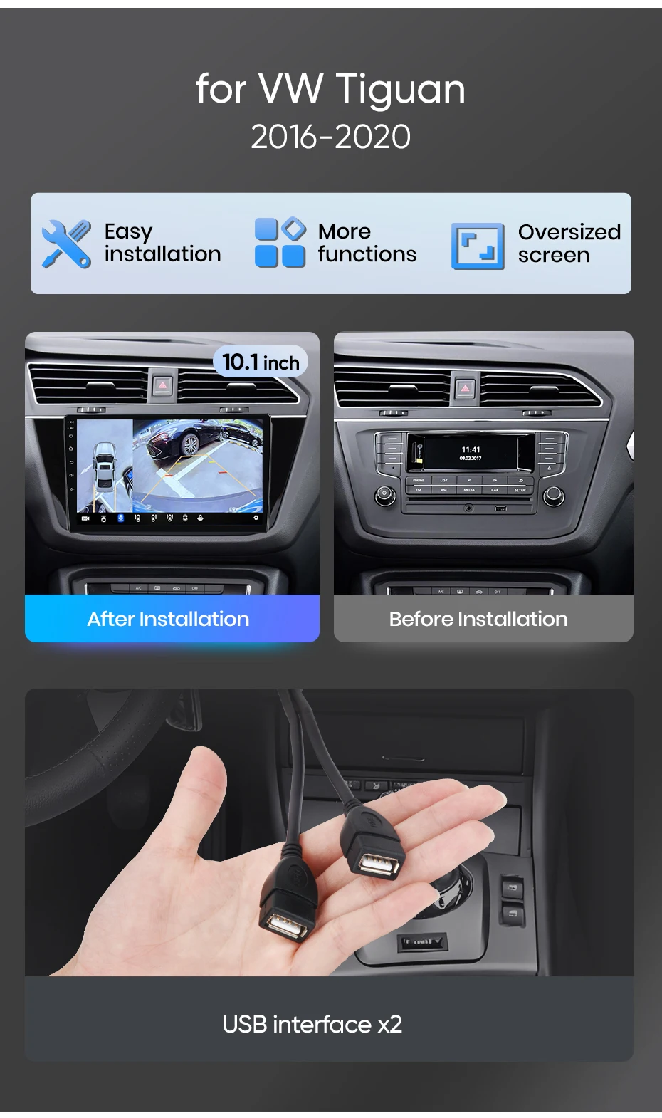 Junsun Autoradio für VW Volkswagen Tiguan 2016 2017 2018 2019 2020 CarPlay Android Auto FM RDS DSP BT GPS Navi SWC HD IPS Touchscreen Plug & Play Multimedia-Player Freisprecheinrichtung Original-Autostil-Haupteinheit – Detail 2