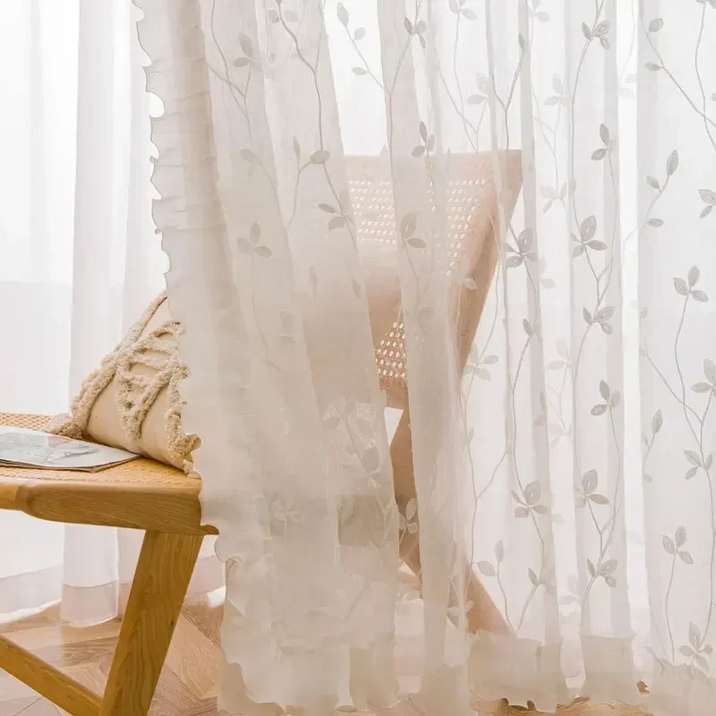 Curtains For Living Dining Room Bedroom American Korean Cotton Linen Embroidery Leaf Flower Yarn Lace Pattern Decor White Tulle