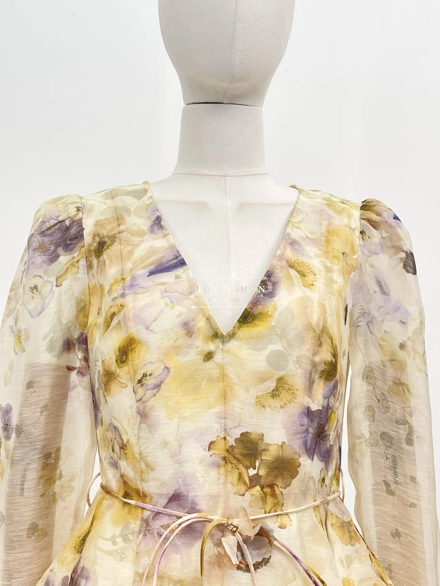 Mini Dress 2026 New Design Beige Violet Floral Print Embroidery Long Sleeve V Neck Scallop for Ladies