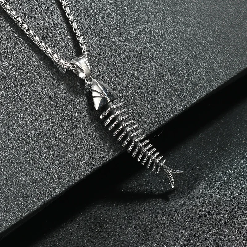 Creative Design Fish-Shaped Fishbone Pendant Necklace Hip Hop Gothic Style Male Pendant Necklace Punk Bohemian Jewelry Gift