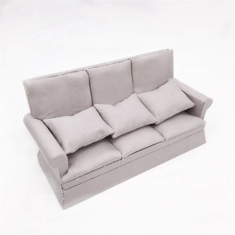 1:12 Mini Dollhouse Furniture Sofa with 3Pcs Pillow Set Simulation Miniature Living Room DIY Doll House Decor(Gray)