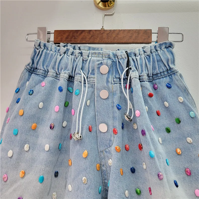 Colorful Beaded Denim Shorts Women 2024 Summer European Goods Handmade Beaded High Waist Slimming and Wide Leg Womens Shorts