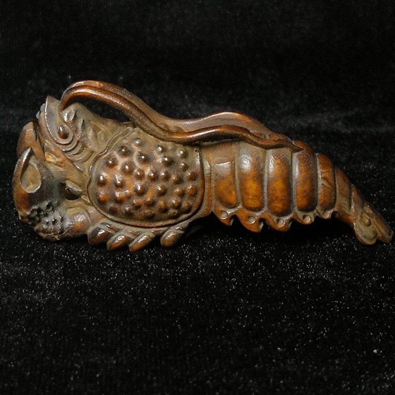 1919 Antique art Size 3 Inch Old Chinese boxwood Hand carved lovely lobster Figure statue Decoration Netsuke Gift Collection