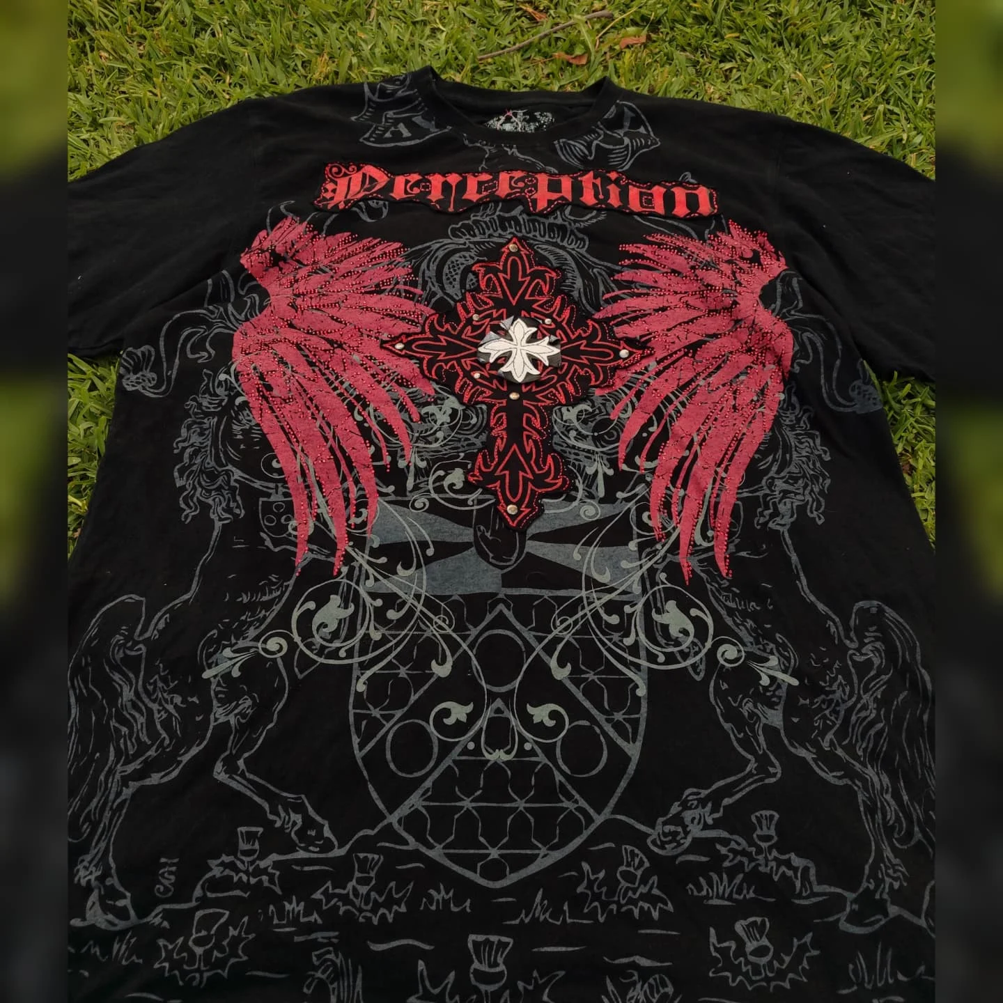 Gothic Heavy Metal Red Cross Wings Vintage Ornamental Print T Shirt Cotton Dark Unisex Graphic Tee Short Sleeve Rock Style