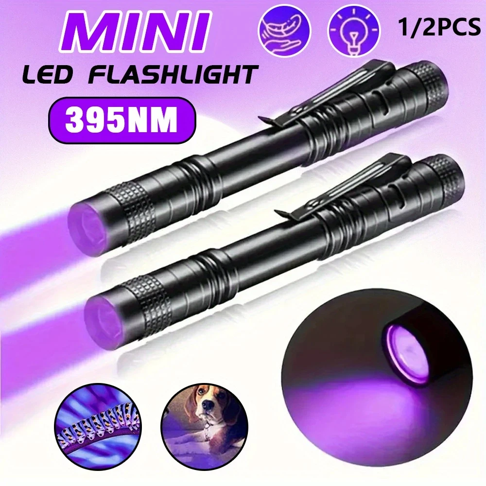 Image of 395nm LED UV-Taschenlampe mit AAA-Batterie, Tragbare Wasserdichte Schwarzlicht-Taschenlampe mit Clip für Geld, Tierurin und UV-Härtung