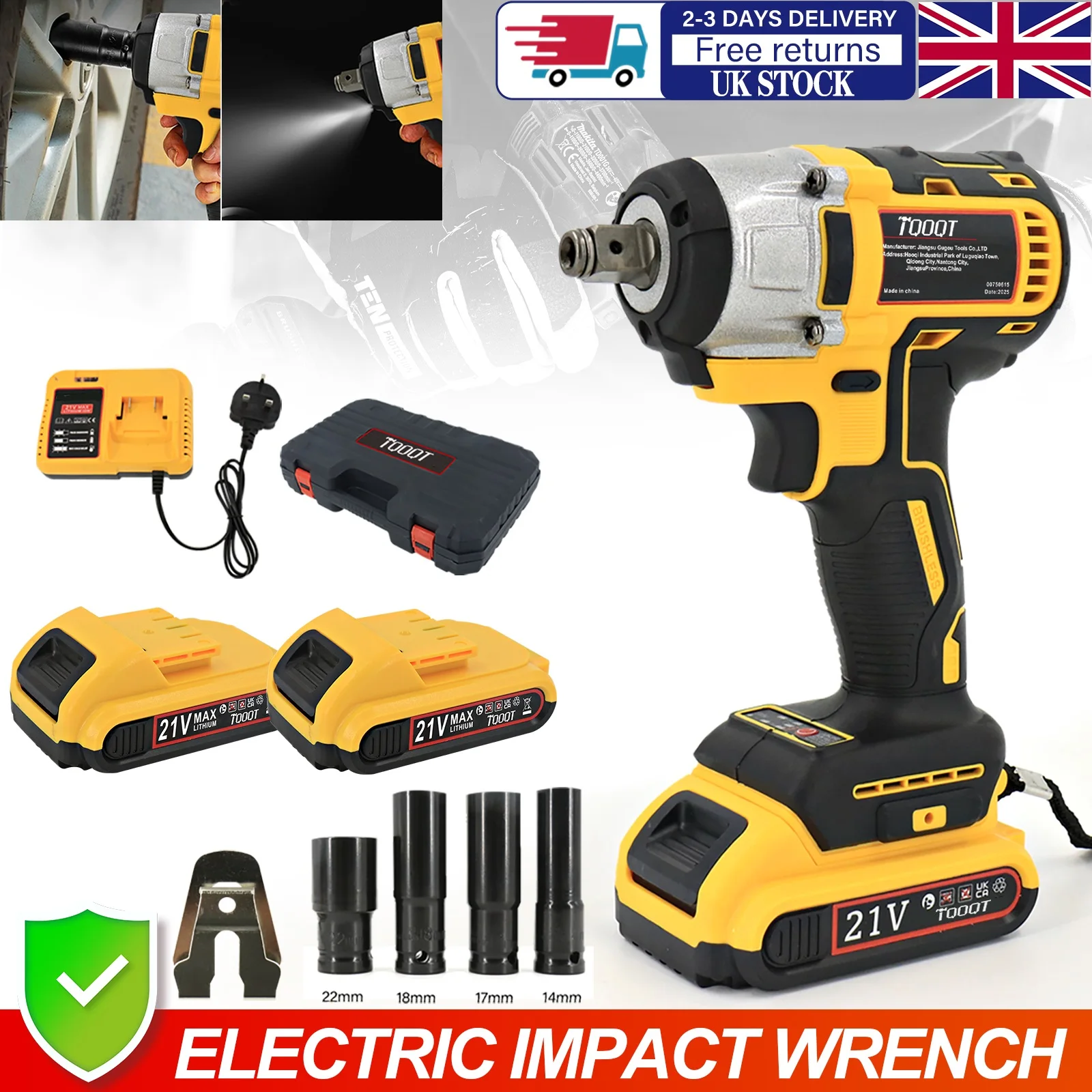 2 Battery 380Nm 1/2" Cordless Electric Impact Wrench Drill Gun Ratchet Driver，Charger and Kit Bag