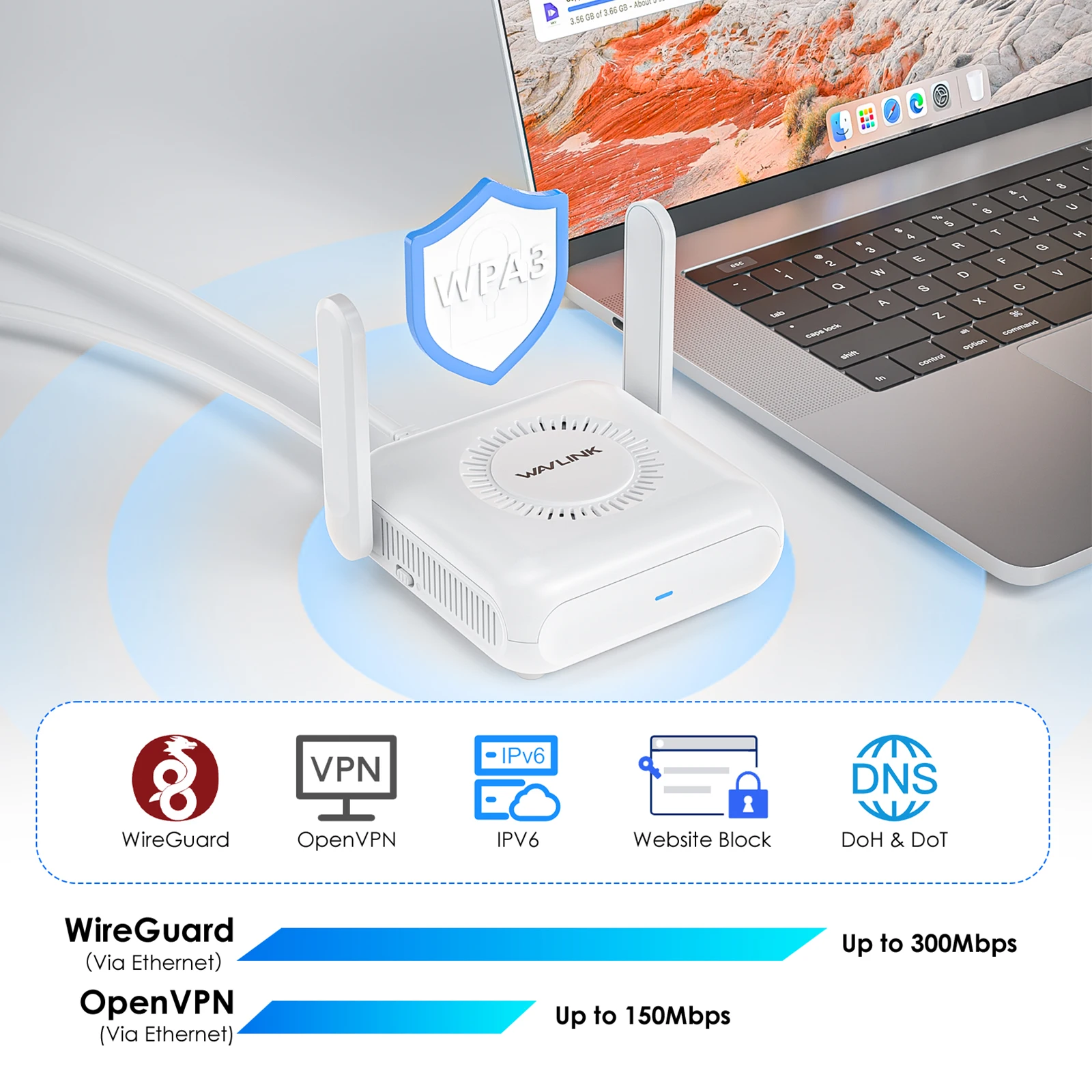 WAVLINK AX3000 Wi-Fi 6 جهاز توجيه VPN محمول للسفر USB-C مقاس الجيب جيجابت LAN WAN WireGuard للاستخدام العام والفنادق