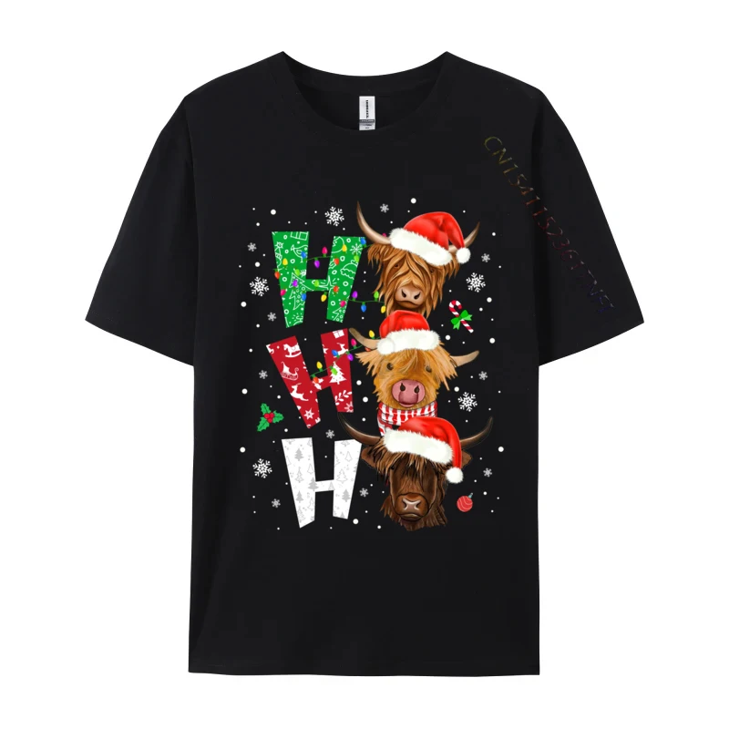 Scottish Highland Cow Print Ho Ho Ho Christmas Pajamas T Shirt Men 100 Percent Cotton Cool T-Shirt Funny Wholesale