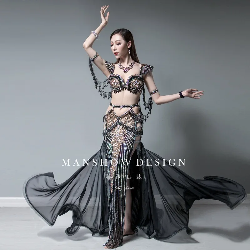 

Костюм для танца живота по индивидуальному заказу, женское платье для выступлений, двойная вилка, высокая талия, стройная сексуальная блестящая длинная юбка с кисточками