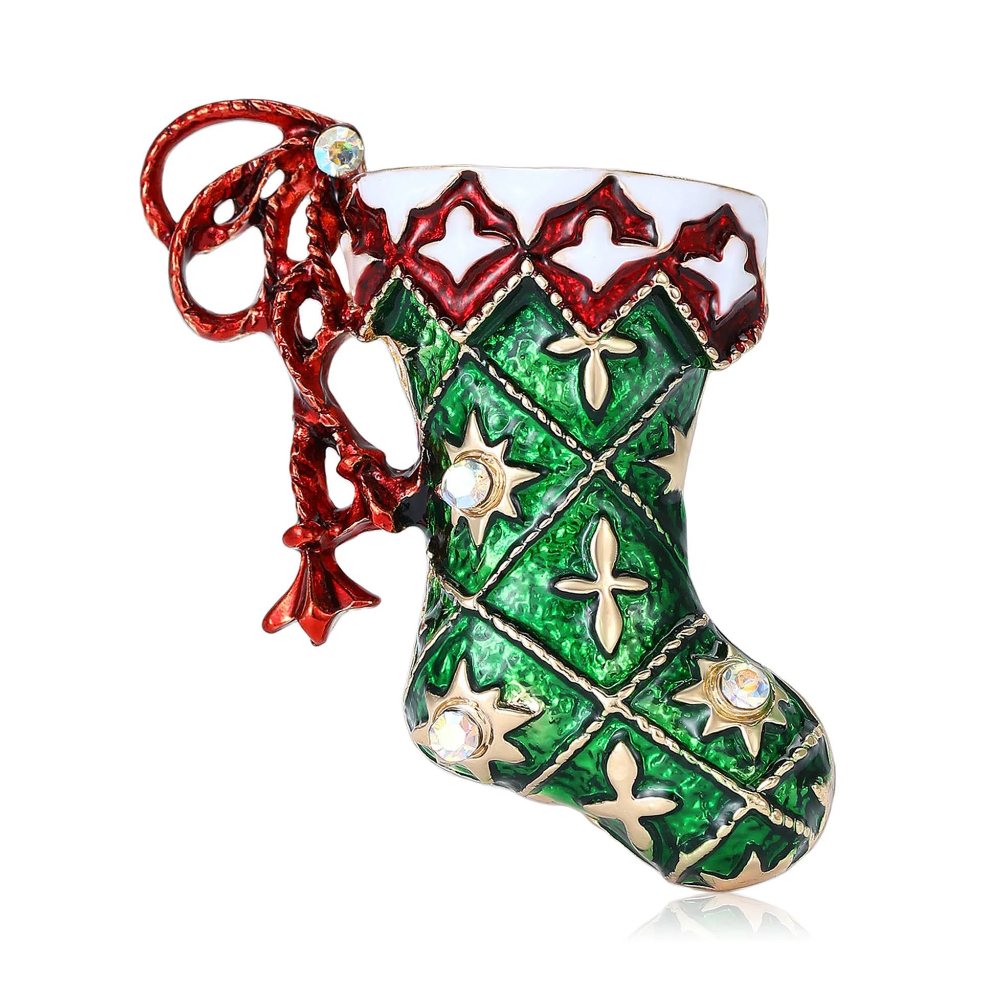 1PC Christmas Stocking Brooch Green Plaid Enamel Star Rhinestone Red Tassel Lapel Pin Xmas Holiday Decoration Craft Gift