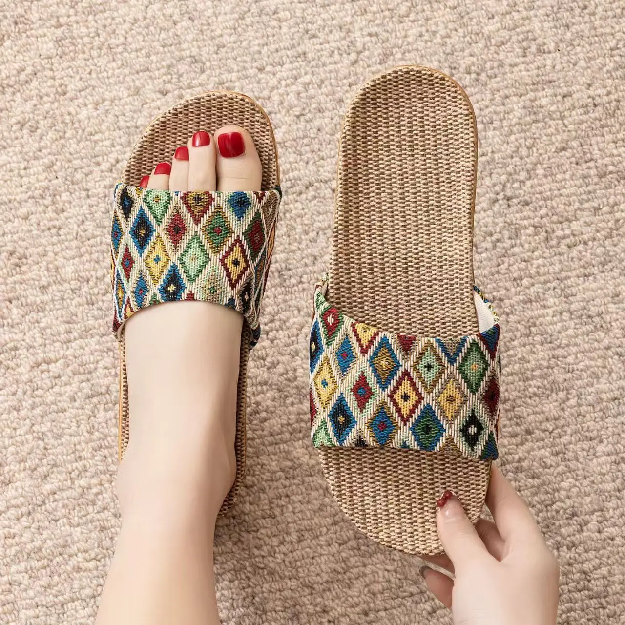 Men Closed Toe Print Linen Slippers Lovers Summer New Soft Sole Lightweight Breathable Home Silent Slippers Wood Floor Slippers