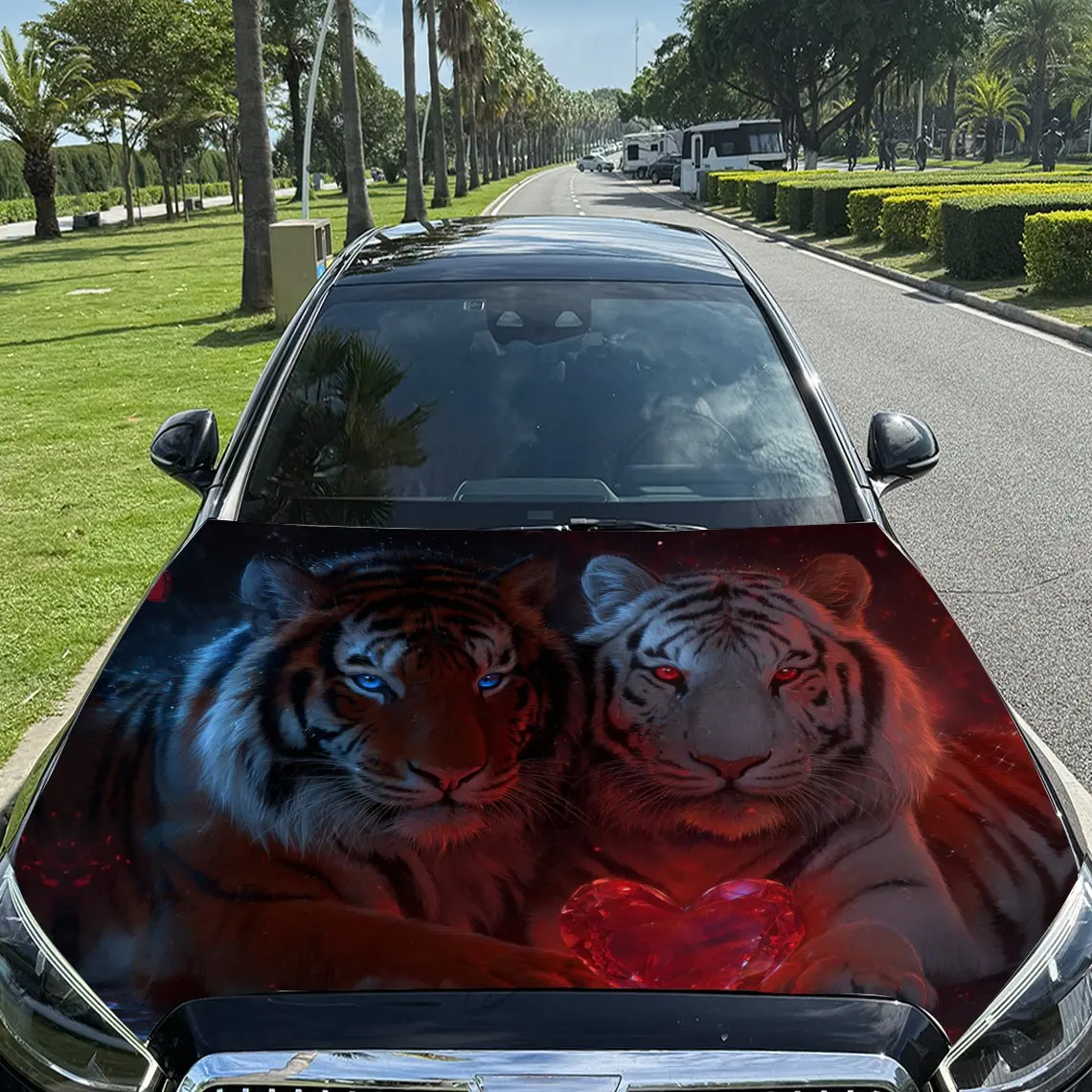 Enchanting Dual Tigers with Crystal Heart Car Vinyl Wrap, PVC Material Waterproof Car Hood Sticker, Self-Adhesive Scratch-Resist