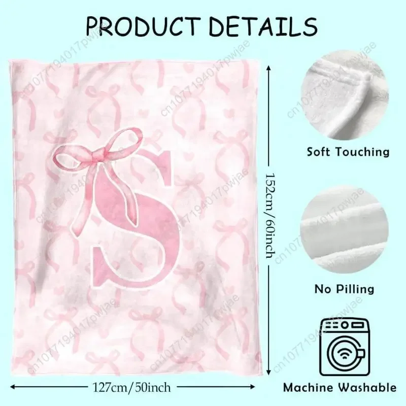Coquette Pink Bow Throw Blanket Initial S Soft Fluffy Cozy Flannel Blanket Monogrammed Gifts for Custom blankets