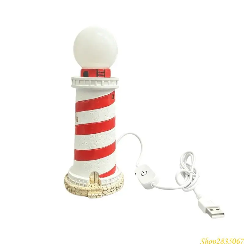 USB Powered Lighthouse Night Light with Button Control, Gentle LED Light and Resin Coastal Decor Light for Bedside Shelf 831F