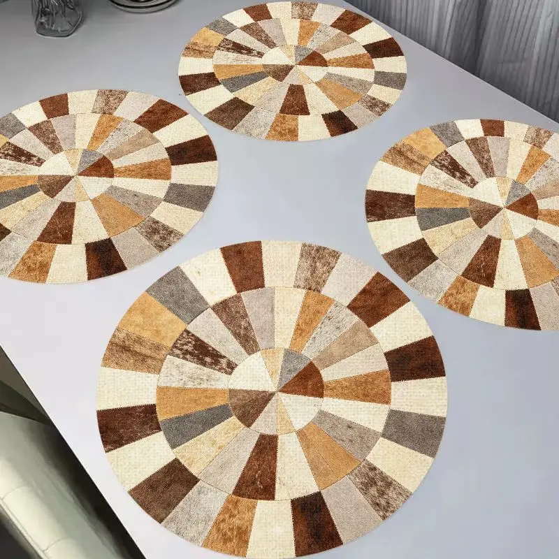 Earth Tone Patchwork Radiant Neutral Rustic Round Placemats Heat Resistant Washable Non Slip Minimalist Dining Table Decor