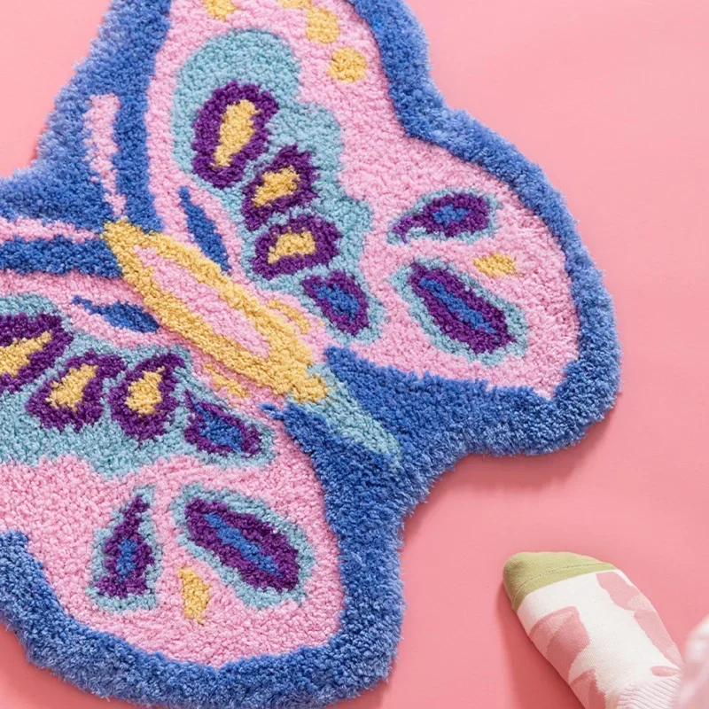 Hand Turfted Rug Shaggy Carpet for Living Room Bedroom Bedside Rug Non-slip Butterfly Style Floor Mat Children Room Home Decor