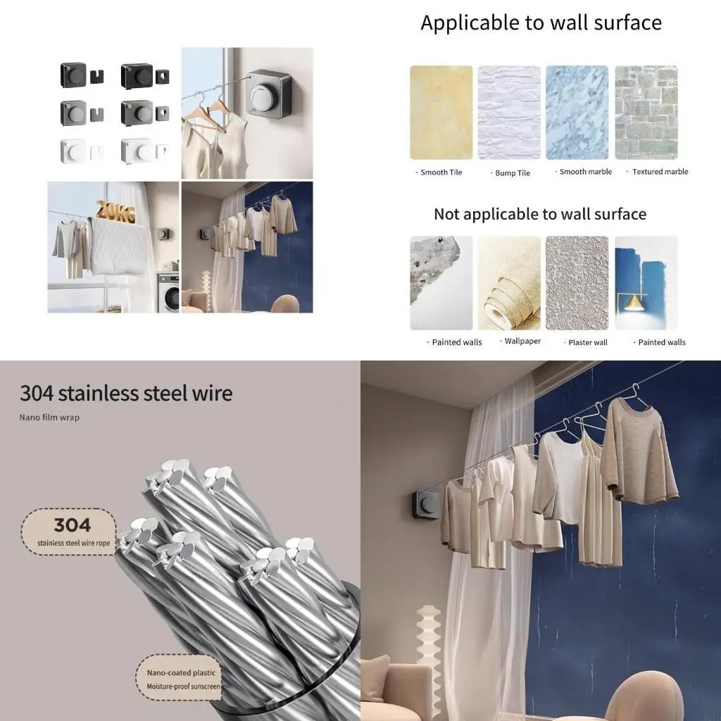 

Convenient Retractable Laundry Line Wall Mounted 14ft No Sagging Stainless Steel Rope For Practical Drying N2UD