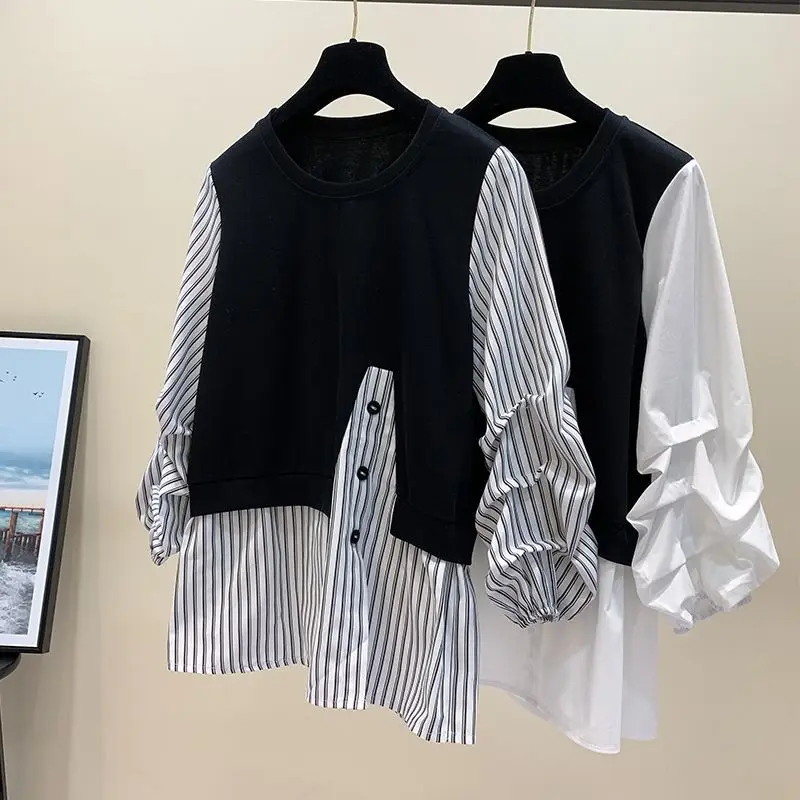 spring autumn new Round neck Long Sleeve fashion Sweatshirts women High street Striped Button Pullovers Fake two pieces tops