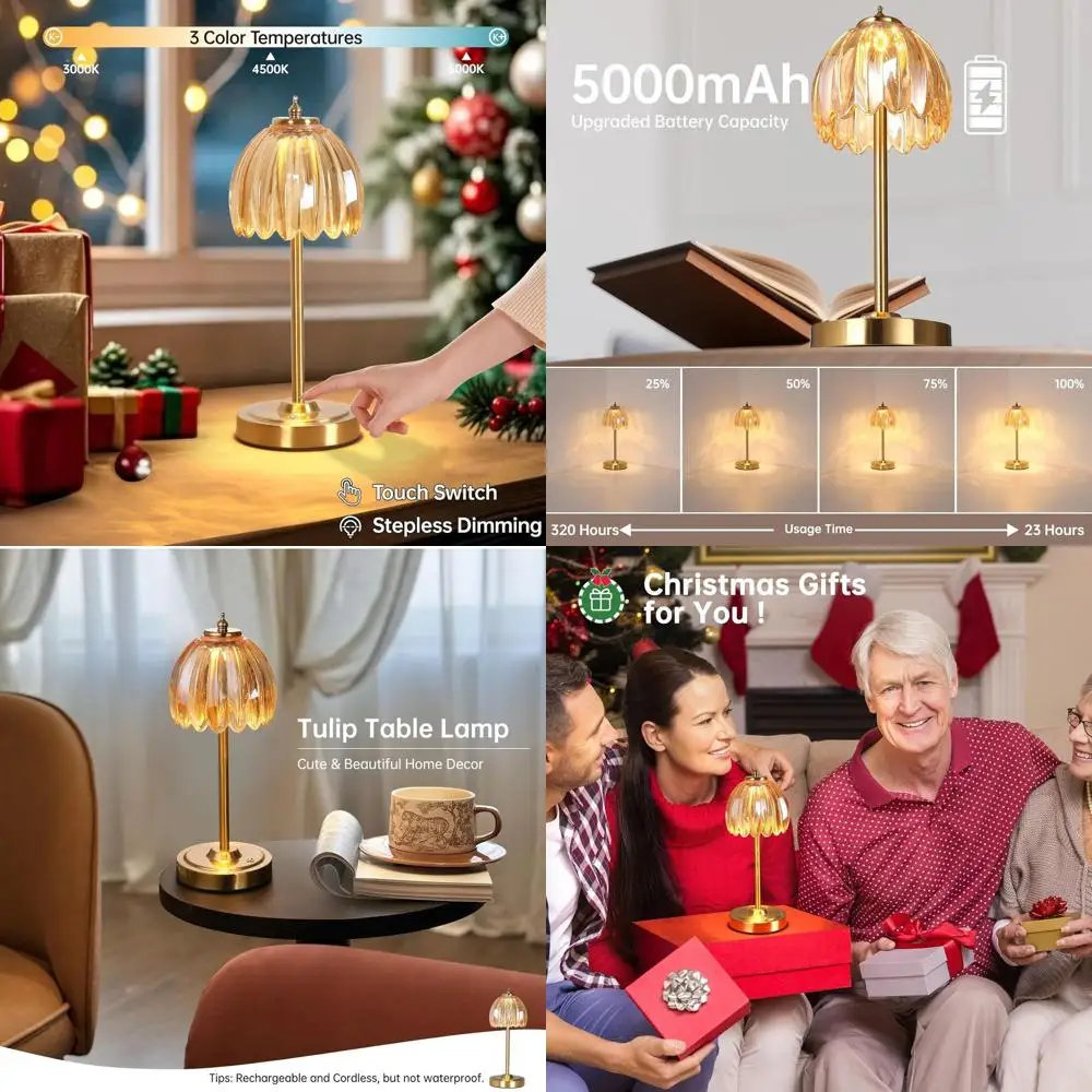 

Set of 2 Tulip Table Lamp with 5000mAh Battery & Touch Control, Cordless Small Table Lamp with 3 Colors, Dimmable Rechargeable T